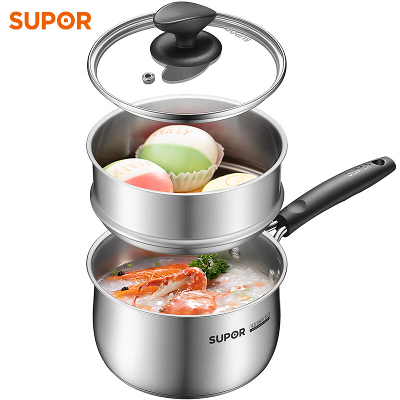 SUPOR supor304 stainless steel small milk pot 16cm baby food auxiliary pot induction cooker gas general soup pot stew pot steaming pot snow pan instant noodles pot et16zas02