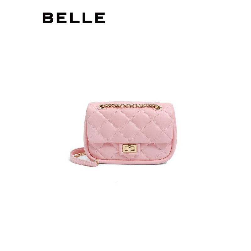 百丽菱格包包女2023夏季新款简约休闲小香风单肩斜挎绗缝包X9085BX3 粉色 F