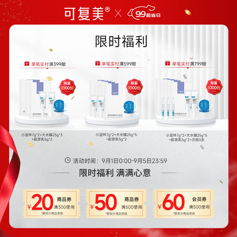 可复美透明质酸钠补水保湿修护贴焕亮面部膜 小水膜1盒（5片装/盒）