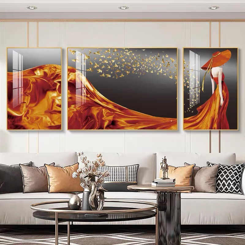 Reputation decorative painting crystal porcelain living room triple hanging painting modern light luxury aluminum alloy sofa background wall simple European Nordic style painting charming girl 50 × 70cm × 2 70 × 100cm × 1 customizable