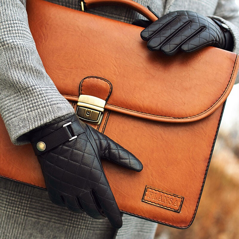 Baishangyite leather gloves men's winter sheepskin gloves Plush warm business gentleman driving and riding gloves men's bym005l black L