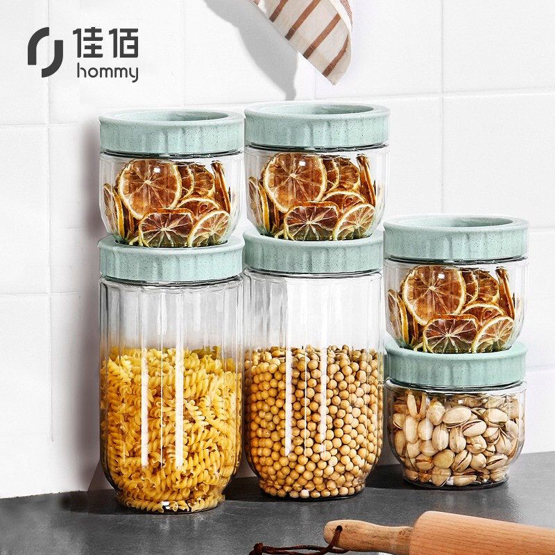 Jiabai storage tank 6-Piece set storage bottle food miscellaneous grain tank refrigerator storage tank fresh-keeping box refrigerator side door storage bottle 1L * 2 + 500ml * 4 green cover