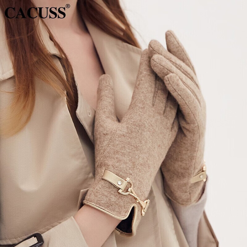Cacuss S0143 wool gloves women's winter touch screen Plush thickened warm riding driving fashion British simple split finger women's gloves khaki color uniform size