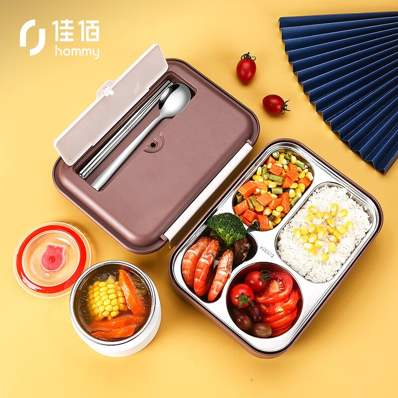 Jiabai 304 stainless steel lunch box enlarged and deepened five grid lunch box with soup bowl sealed, separated and anti scalding with tableware Morandi color student lunch plate lunch box jb-0458