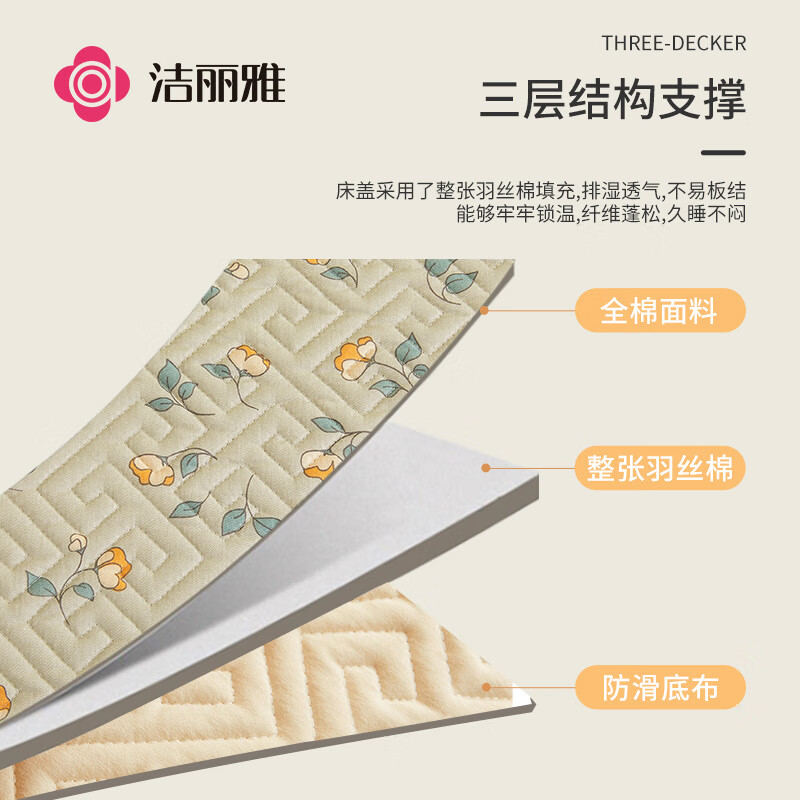 洁丽雅（Grace）夹棉床盖 全棉床单单件印花纯棉加厚双人床罩 春野花开 200*230cm