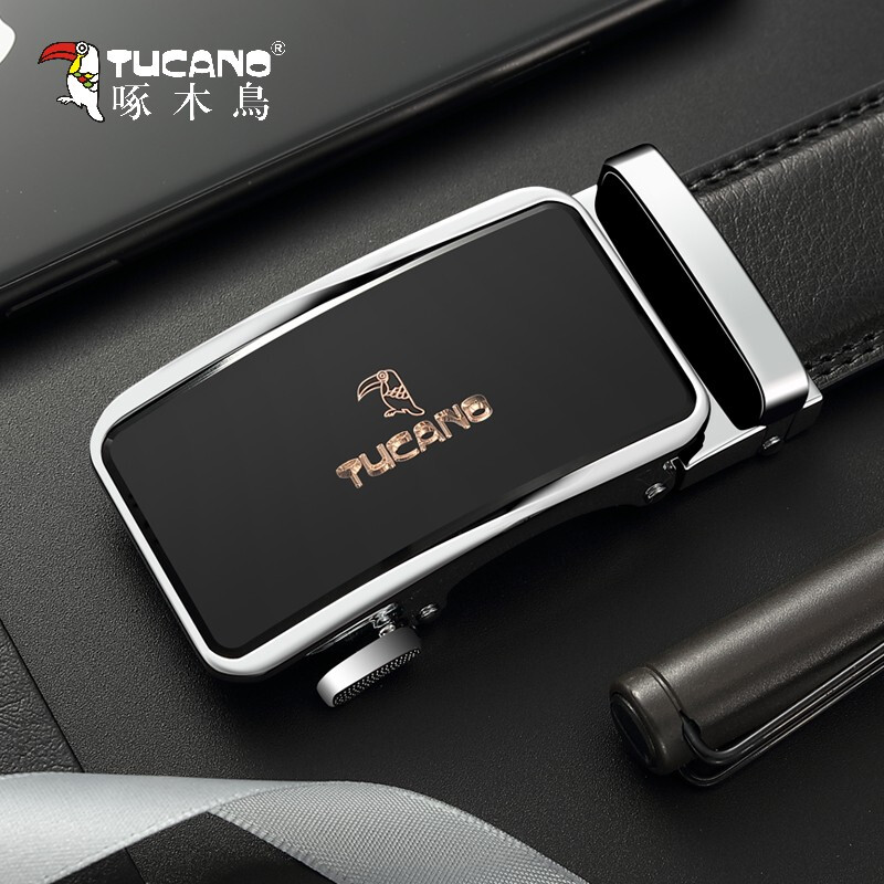 Woodpecker Tucano men's belt automatic buckle two-layer cowhide belt simple youth business trouser belt gentleman black 110-120cm