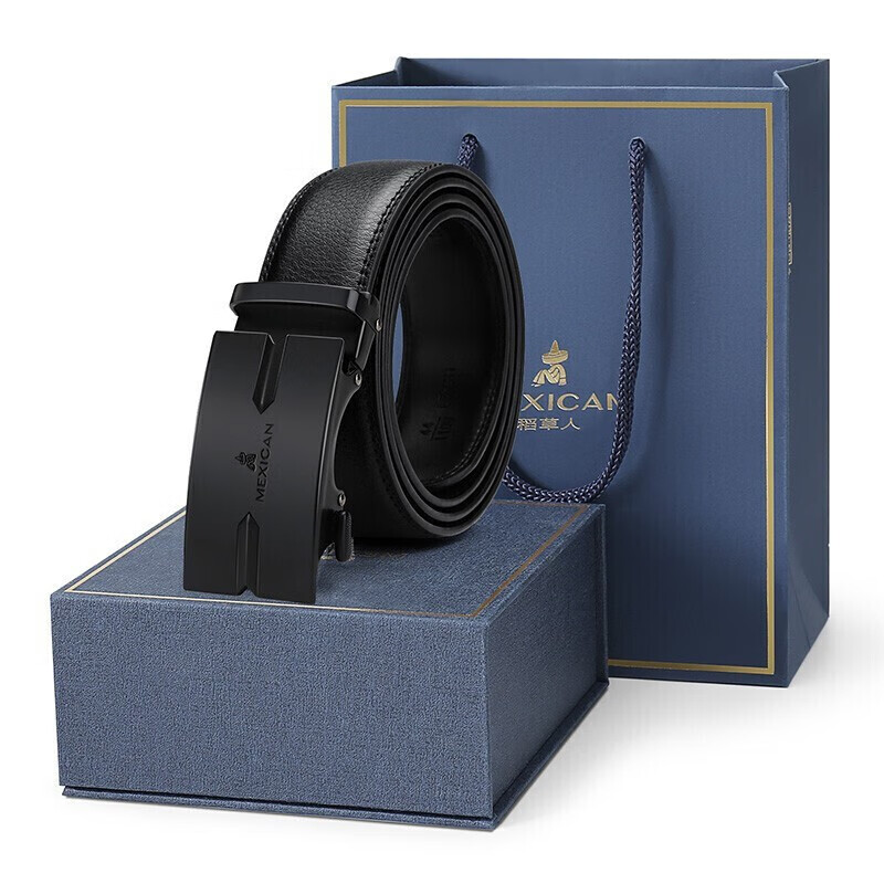 Scarecrow men's belt automatic buckle leather middle-aged and young people business belt leisure trouser belt gift exquisite mmlh01201532bl01a blue gift box (110-125cm)