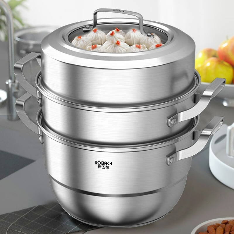 康巴赫三层蒸锅304不锈钢汤锅德式复底多用锅28cm电磁炉燃气灶通用 ZGDY28A1