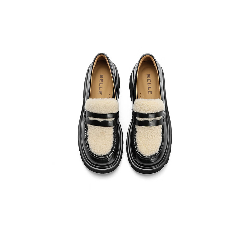 百丽粗跟乐福鞋女2023秋季新款牛皮革拼接鞋面JK乐福鞋B1492CM3预售 黑色 34