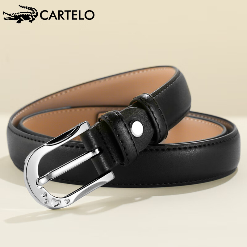 Cartelo women's leather belt cowhide Korean decorative skirt belt thin belt jeans casual simple versatile pin buckle black