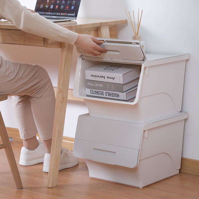 茶花（CHAHUA）收纳箱塑料收纳盒儿童玩具整理箱储物箱斜口前开叠加侧开收纳柜 【浅蓝灰】3个装 大号34L【45.5*38*31cm】