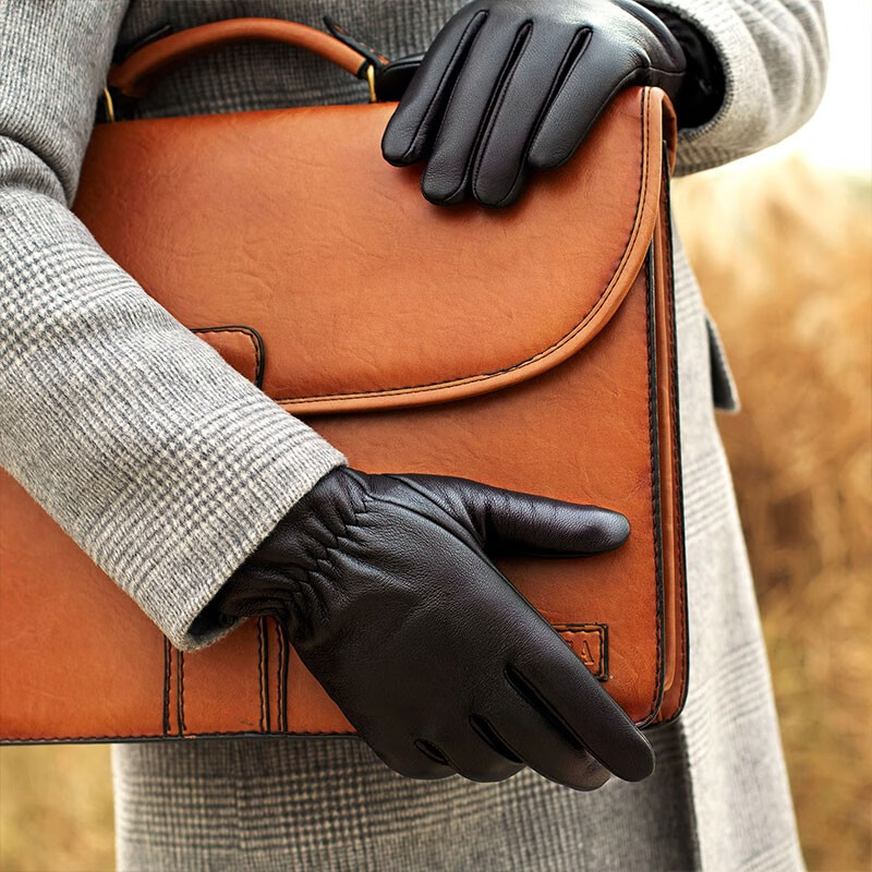 Baishangyite leather gloves men's winter deer leather gloves Plush warm business gentleman driving and riding gloves men's bym001l black L