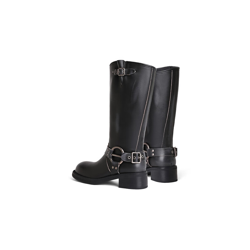 百丽废土风金属扣机车靴女23冬季新款潮酷百搭骑士靴B1527DG3 黑色 34