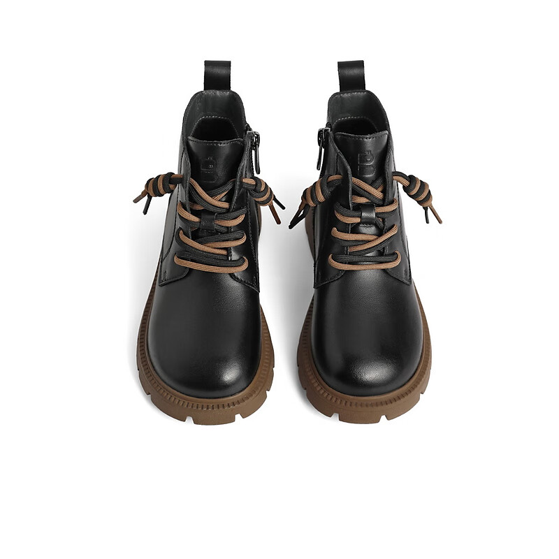 百丽童鞋双色鞋带马丁靴女商场同款抽绳皮靴90930D92 黑色-薄绒 32