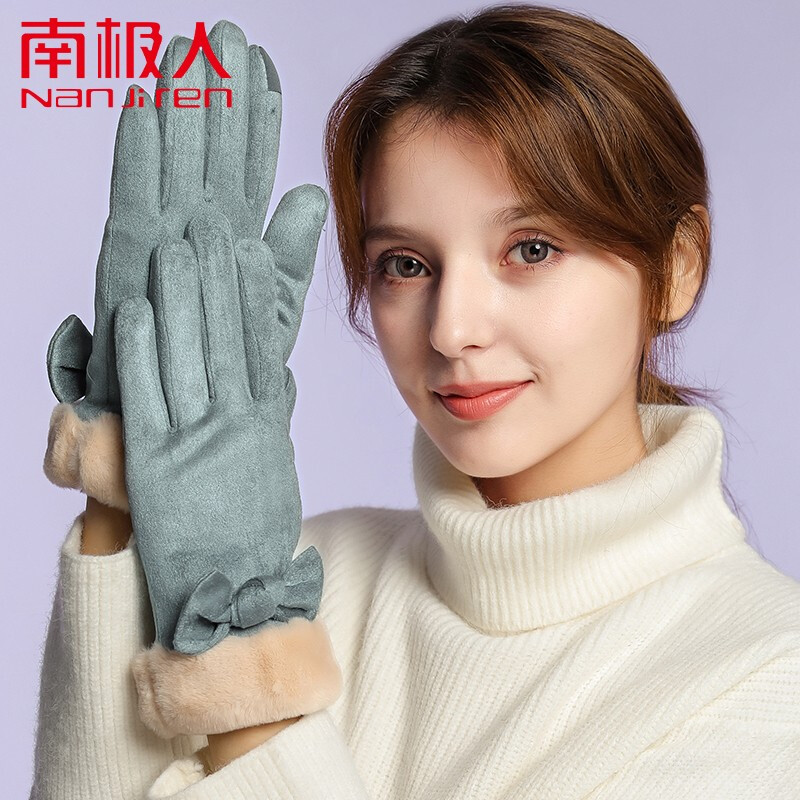 Antarctic gloves women's winter warm riding touch screen Plush thickened cycling and driving cold proof wool gloves women's bow cloth gloves light blue