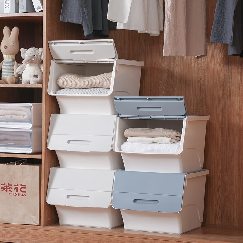 茶花（CHAHUA）收纳箱塑料收纳盒儿童玩具整理箱储物箱斜口前开叠加侧开收纳柜 【浅蓝灰】3个装 大号34L【45.5*38*31cm】