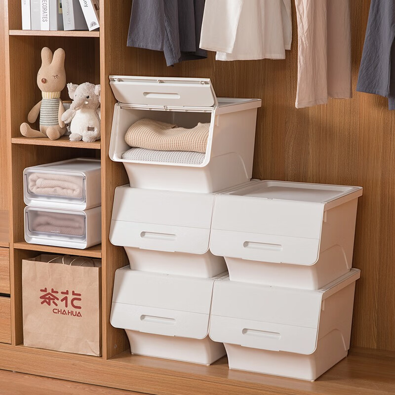 茶花（CHAHUA）收纳箱塑料收纳盒儿童玩具整理箱储物箱斜口前开叠加侧开收纳柜 【浅蓝灰】3个装 大号34L【45.5*38*31cm】