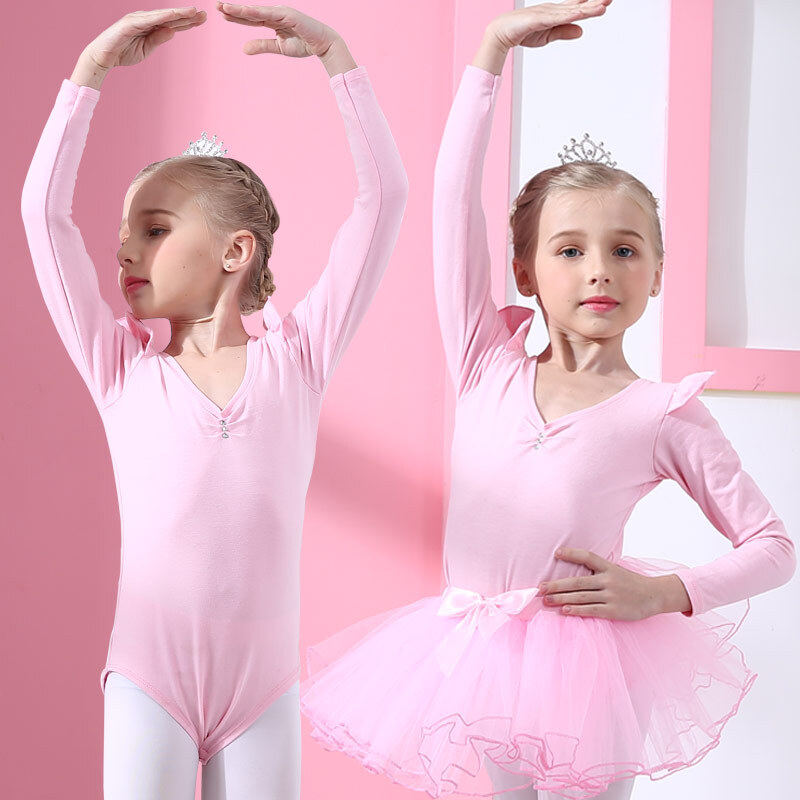 Chidong children's dance clothes girls' autumn and winter children's practice clothes performance clothes set one-piece clothes ballet skirt long sleeve pink 5XL