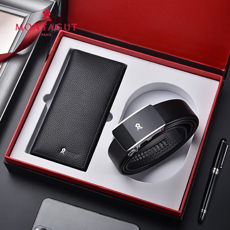 Montagut men's wallet belt gift box set leather automatic buckle belt long wallet for boyfriend and father's birthday gift ml11 black