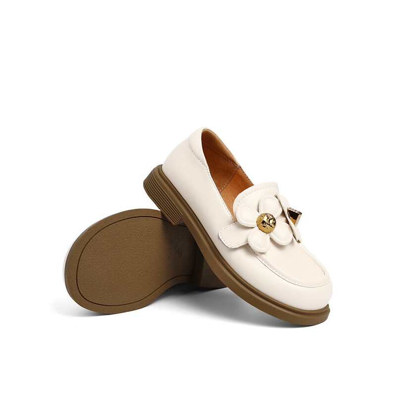 百丽甜美花朵皮鞋女商场同款软萌乐福鞋22978C82 米色 32