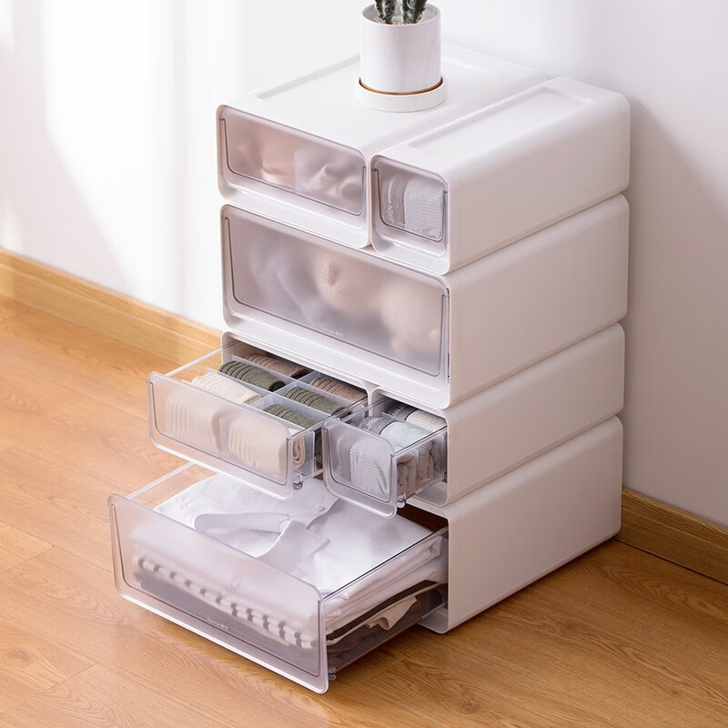 茶花收纳箱抽屉式衣柜内桌面收纳盒自由组合家用塑料整理箱衣服储物箱 大中小三件套【带隔板】