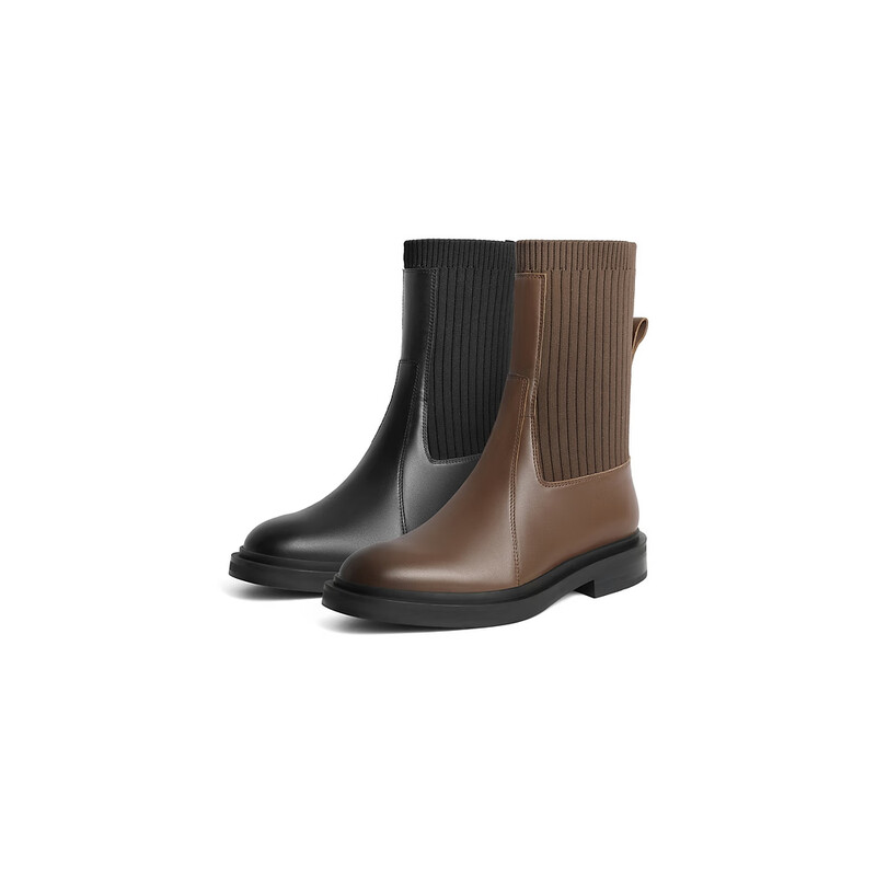 百丽高级简约袜靴女2023冬季新商场同款显瘦短靴A3F1DDZ3预售 棕色 34