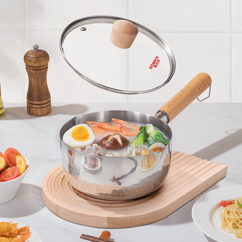 康巴赫304不锈钢不粘轻量雪平锅双导流口炖煮可悬挂带盖18cm不挑炉灶