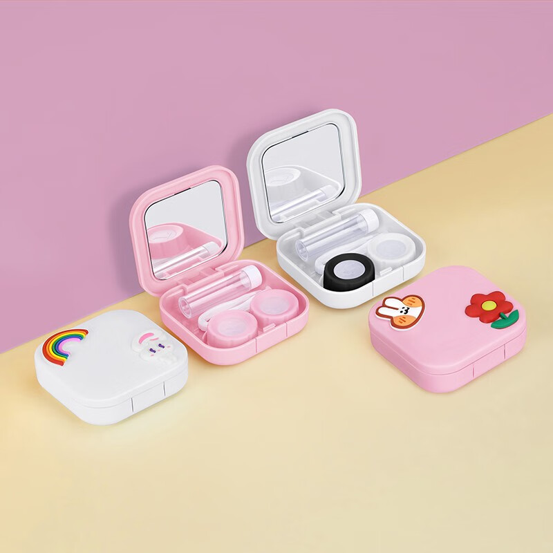 Bubm contact lens box female cartoon cute portable duplex partner box cleaning care box tape tweezers HD mirror yjh-k rainbow rabbit (pink * 1 + white * 1)