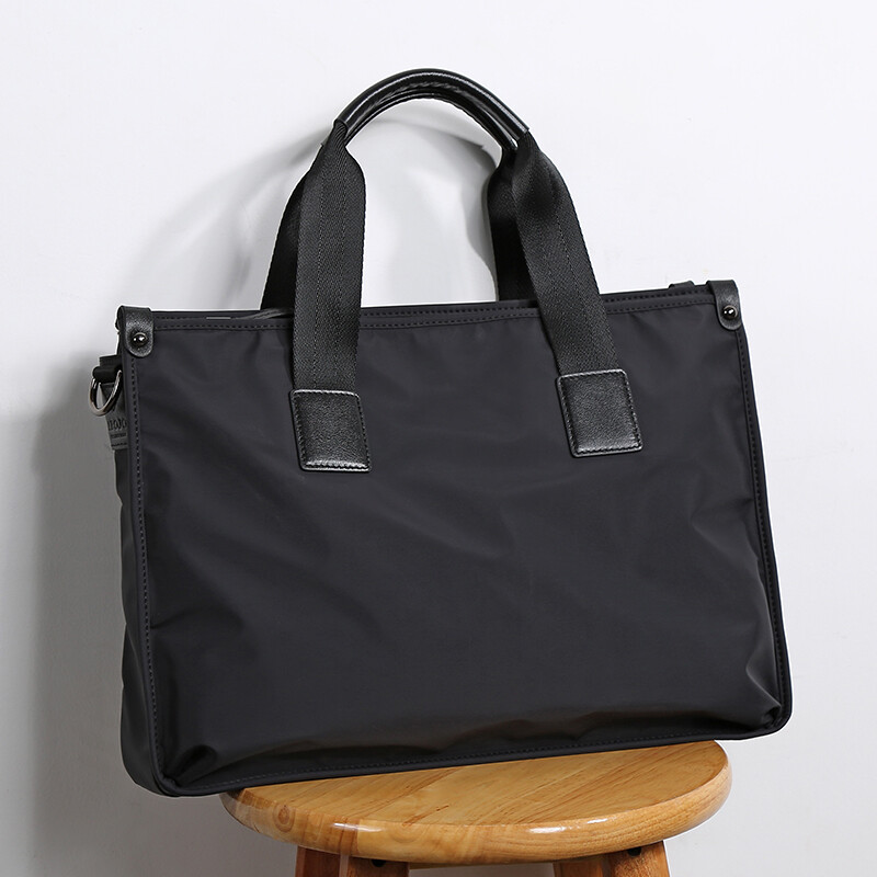 Pabojoe men's bag handbag briefcase cowhide with nylon composite canvas computer bag business leisure portable One Shoulder Messenger Bag pb1902a black