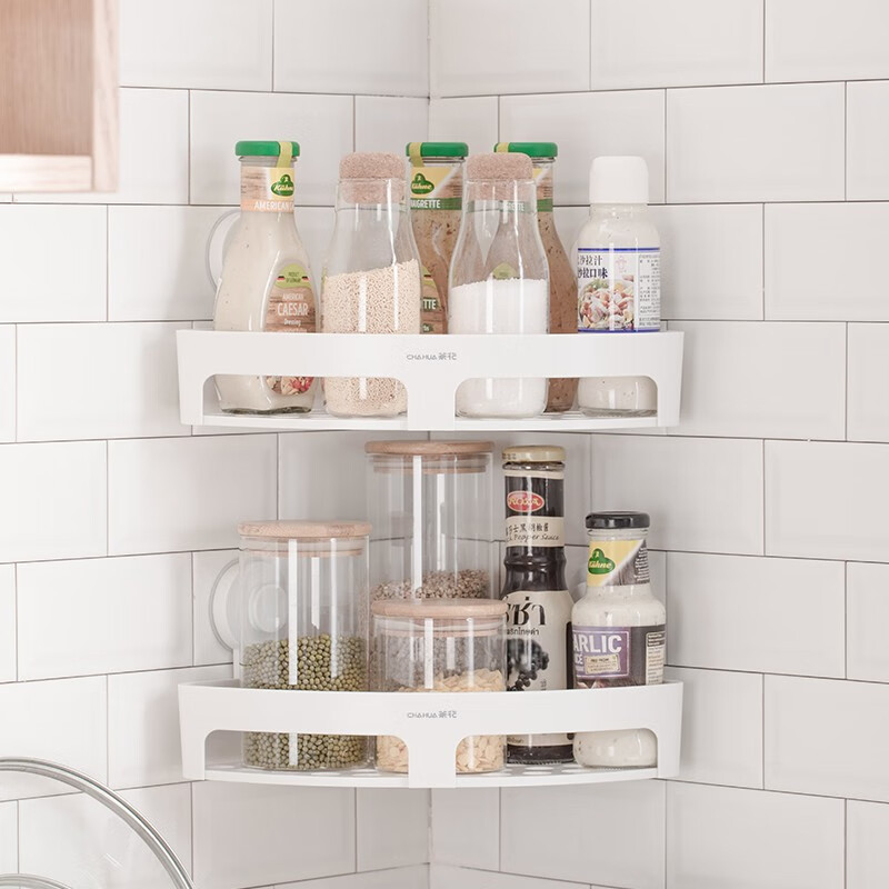 茶花（CHAHUA） 茶花卫生间贴壁式三角置物架储物架壁挂免打孔厨房浴室墙角收纳架 【2个装】卡乐强力三角置物架