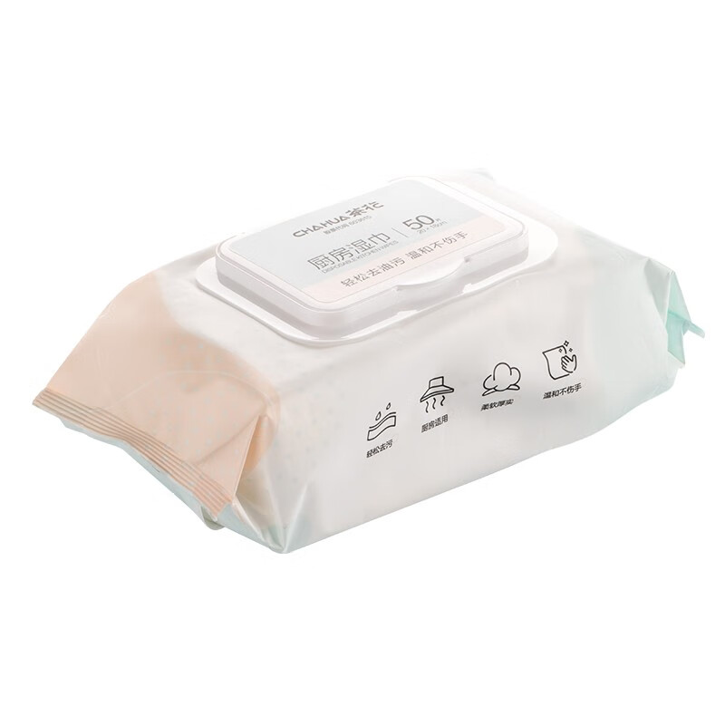 茶花（CHAHUA）厨房湿纸巾去油去污家用油烟机清洁湿纸巾加大加厚一次性抹布 2包100片