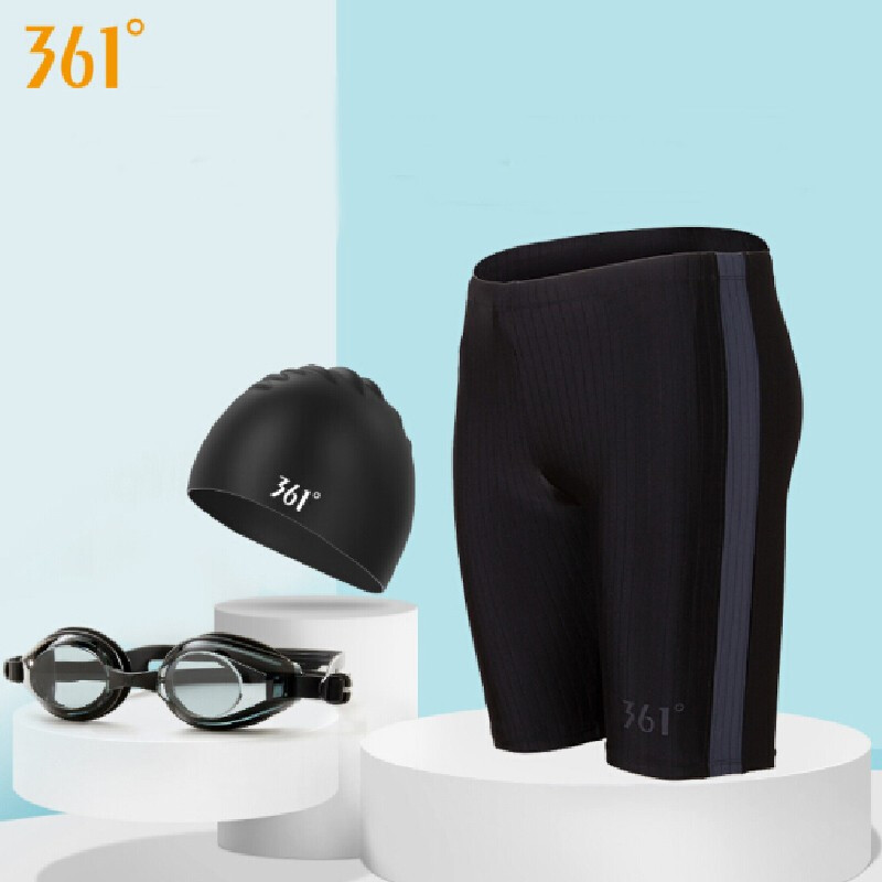 361 degree swimming suit men's anti embarrassment large size 5-point Boxer Shorts men's hot spring swimsuit quick drying loose swimming equipment 031 black 3-piece set M