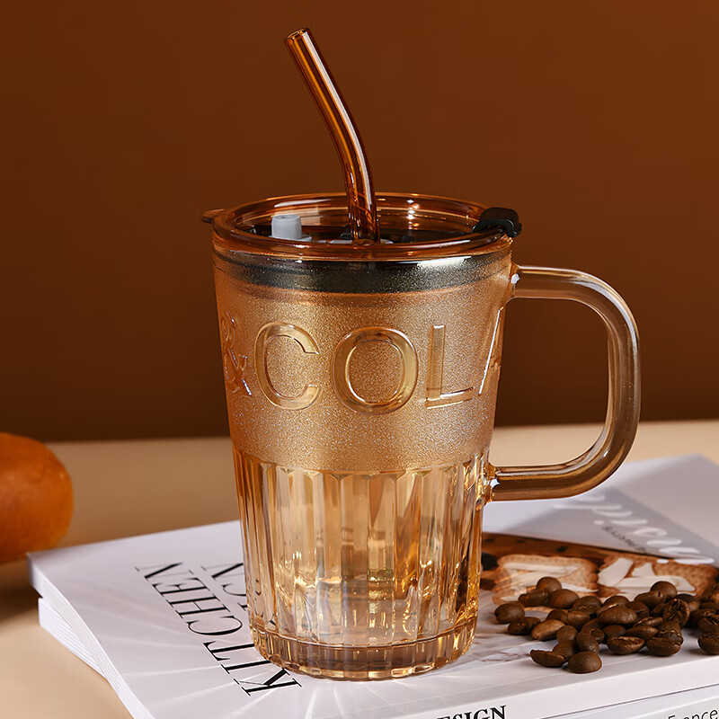 MOM 吸管杯玻璃水杯咖啡杯商务礼品批发活动礼采购送客户6127/6128 带盖把手吸管杯400ml