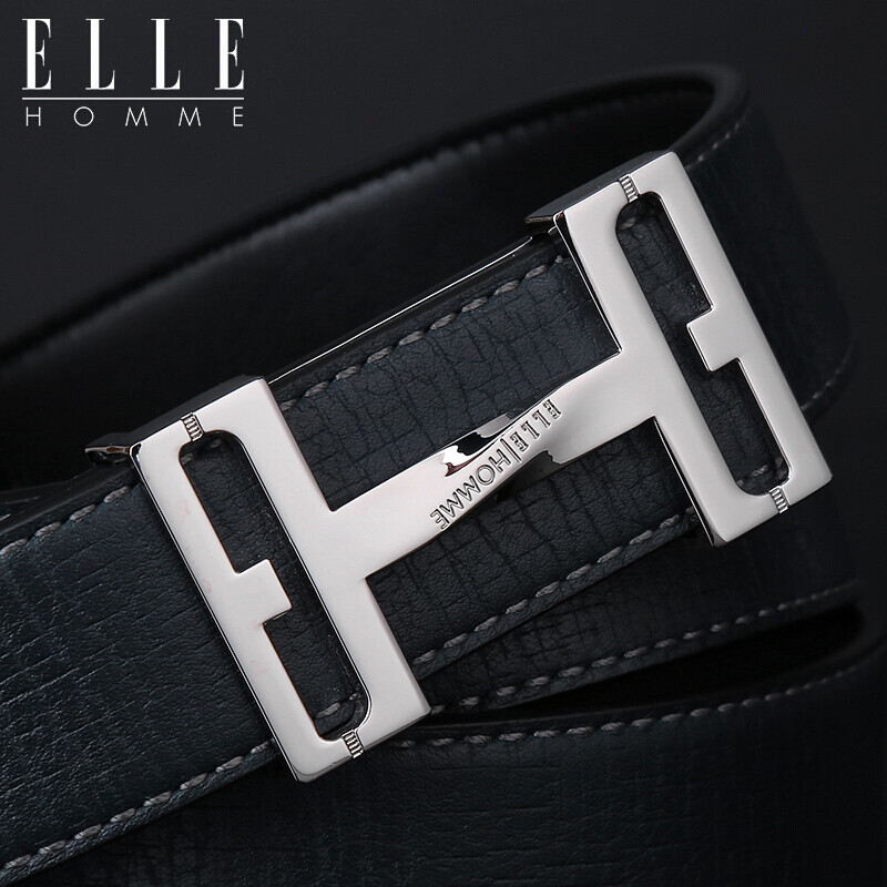 Elle Homme men's business belt head layer cowhide plate buckle belt casual and versatile trend trouser belt ee864743223 blue 110-115cm (birthday gift for boyfriend)