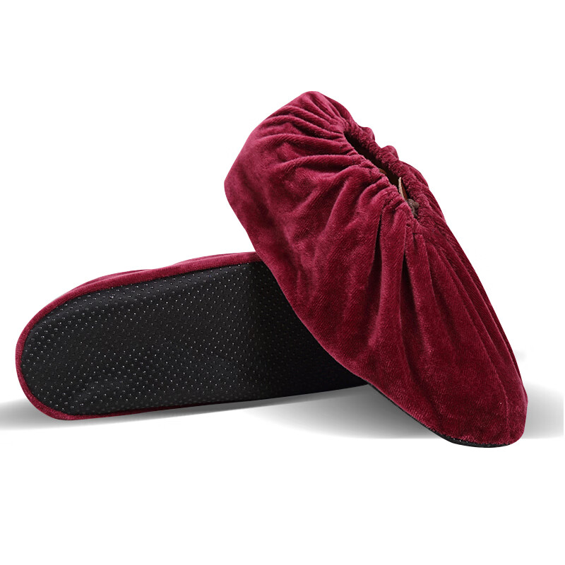 Chidong flannelette shoe cover household children's student adult foot cover anti-skid bottom thickened indoor wear-resistant reusable wine red 5 pairs of one size