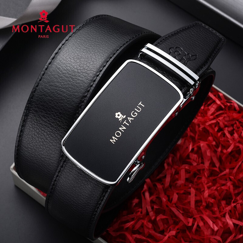 Montagut men's belt fashion cowhide belt gift box casual men's automatic trouser belt men's gift r223118191a black 110-130cm