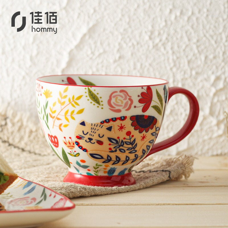 Jiabai American cartoon color Cat Series Mug ceramic cup breakfast milk cereal coffee cup male and female couple cup large capacity office tea cup