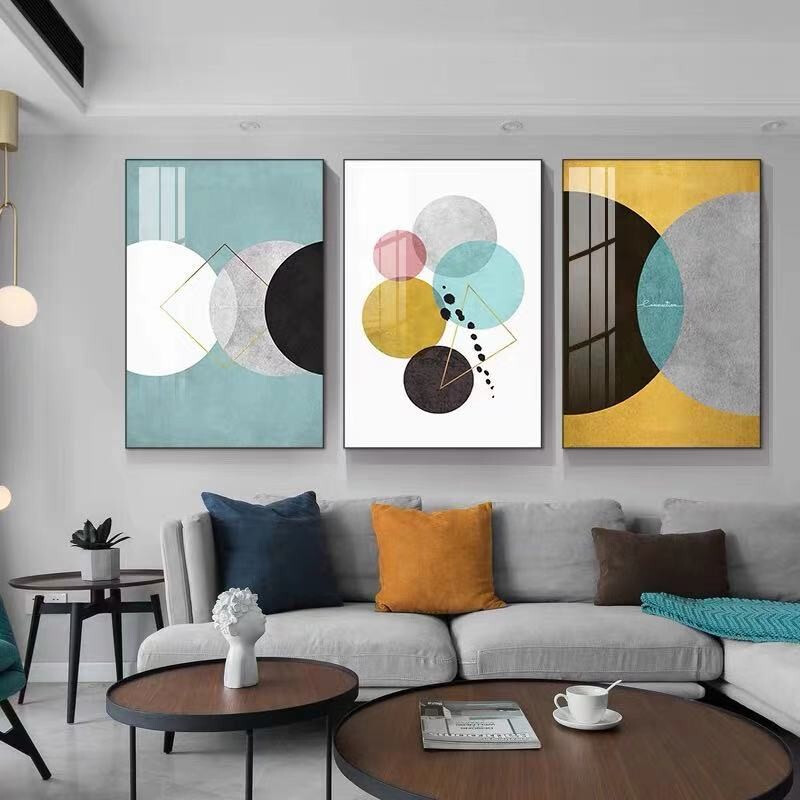 Reputation decorative painting crystal porcelain living room triple hanging painting modern light luxury aluminum alloy sofa background wall simple European Nordic style painting geometry 50 × 70cm × 3 customizable
