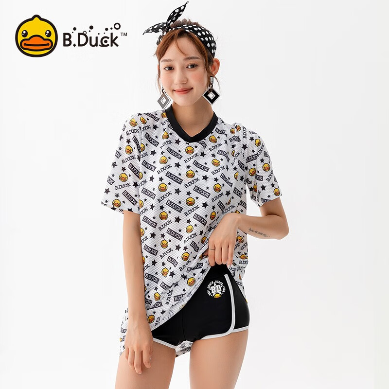 B. Duck little yellow duck swimsuit women's split blouse swimsuit three piece set 2020 light breathable loose swimsuit hot spring swimsuit black and white XXL