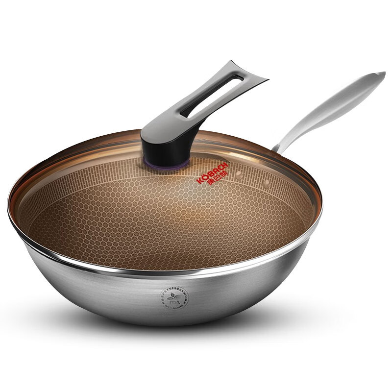 康巴赫炒锅304不锈钢不粘锅经典全屏蜂巢炒菜锅32cm电磁炉燃气灶通用