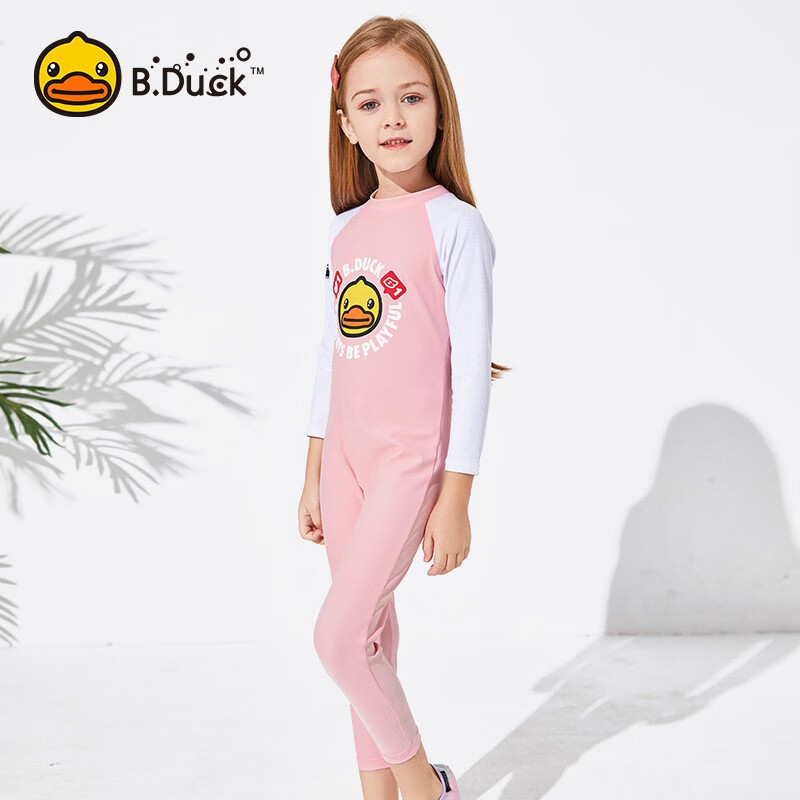 B. Duck little yellow duck children's one-piece swimsuit for boys and girls middle-aged children slim fit long sleeve cartoon swimsuit Beach Hot Spring swimsuit for girls pink 150