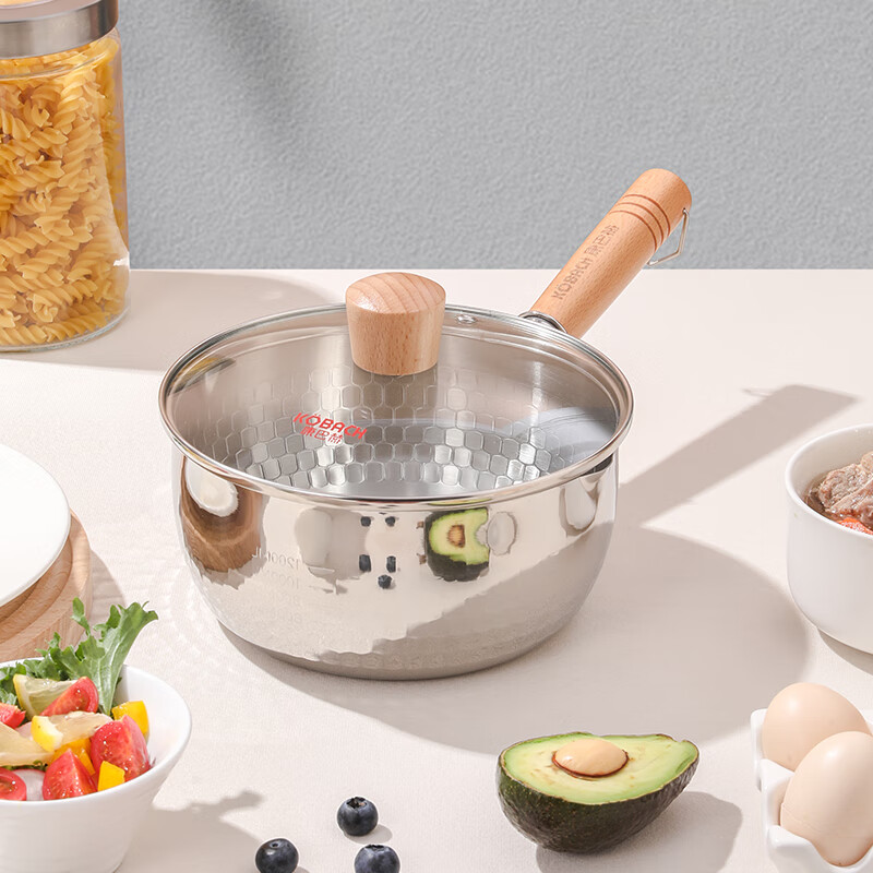 康巴赫304不锈钢不粘轻量雪平锅双导流口炖煮可悬挂带盖18cm不挑炉灶