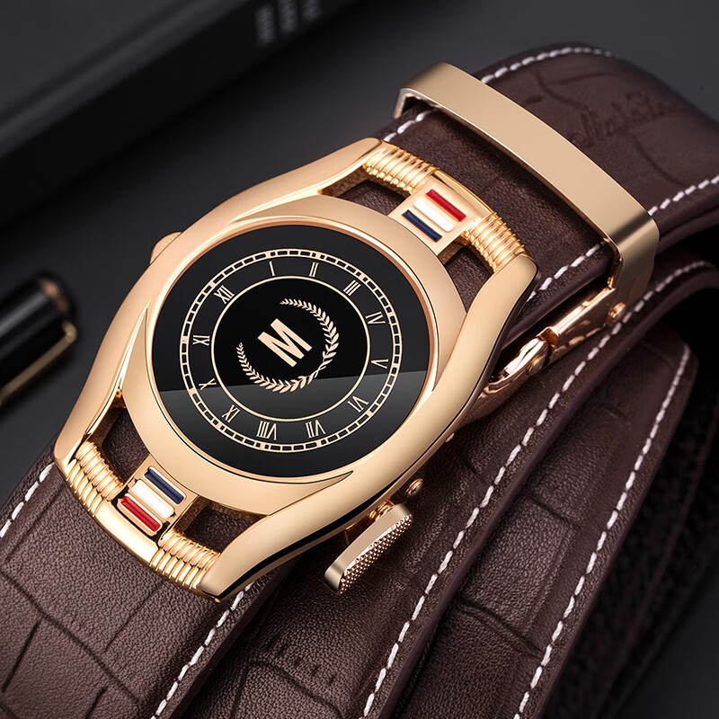 Masha Lanti men's belt crocodile head leather belt men's business leisure automatic buckle trouser belt men's PD120 gold (110-130cm)