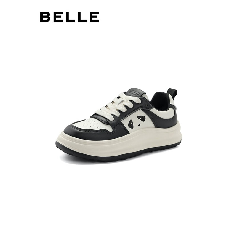 百丽厚底板鞋女2023秋季新款百搭撞色可爱熊猫休闲鞋A3Y1DCM3 黑白 36