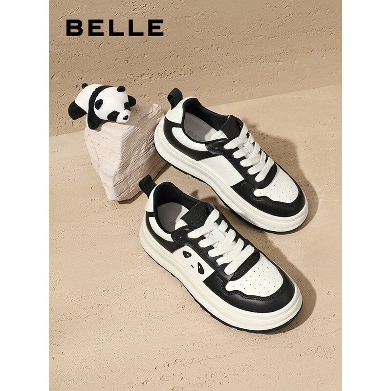 百丽厚底板鞋女2023秋季新款百搭撞色可爱熊猫休闲鞋A3Y1DCM3 黑白 36