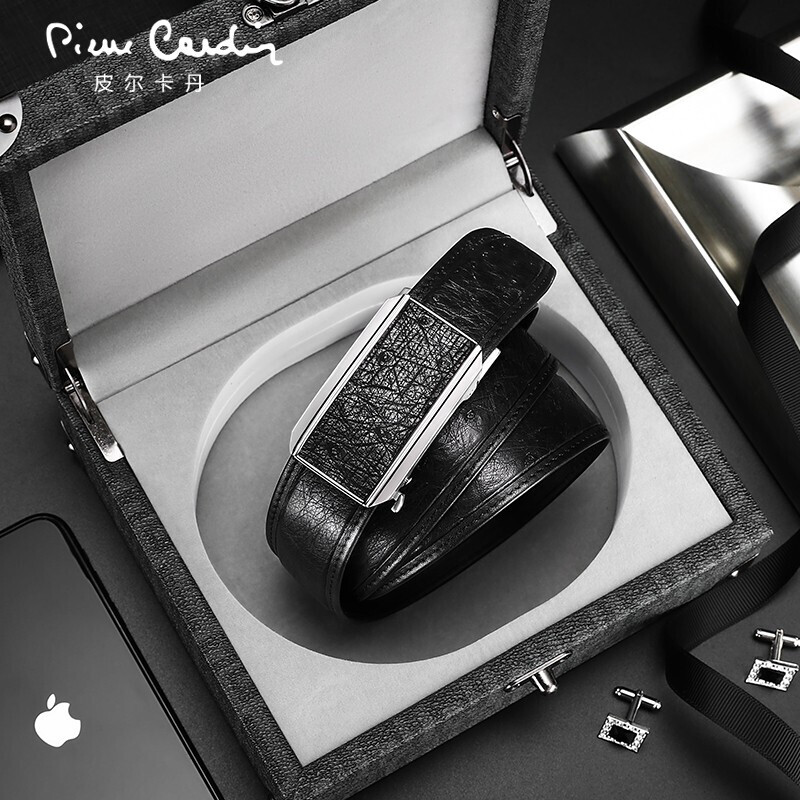 Pierre Cardin belt male ostrich skin plain trouser belt stainless steel automatic buckle belt business dress belt j9y812z-021z01a2 black 115cm (men's gift)
