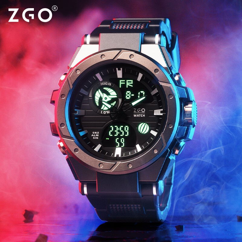 Zhenggang ZGO electronic watch waterproof luminous multifunctional student watch men's outdoor sports anti falling double display trend men's watch 801S black