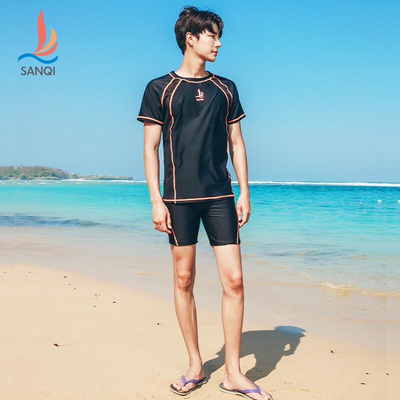 Sanqi swimsuit Jingdong self operated men's flat quarter adult anti embarrassment large low waist sexy hot spring loose swimming suit 19316 black L
