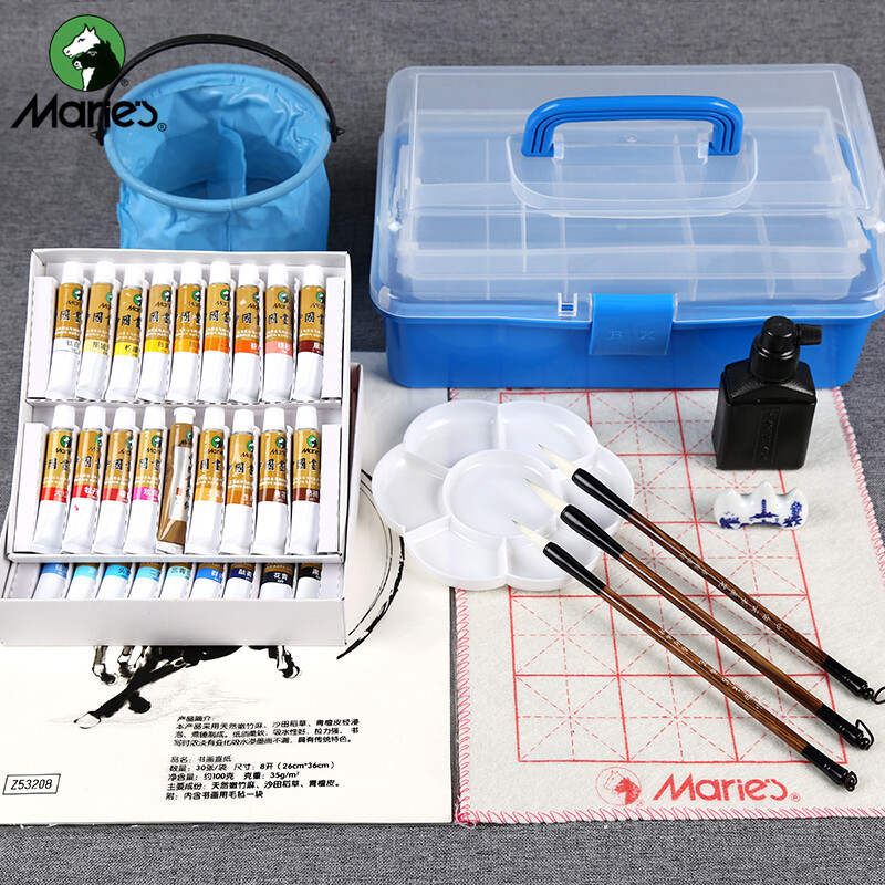 Marie's 36 color 12ml traditional Chinese painting pigment set 8-piece landscape painting tool set including toolbox