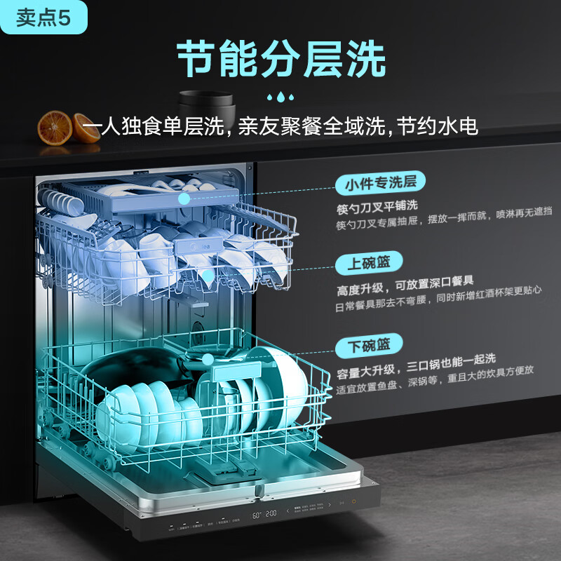美的（Midea）16套嵌入式洗碗机 JV800S 升级双驱变频+顶控前显+三层碗篮 一级水效 三星消毒 热风烘干 独嵌两用